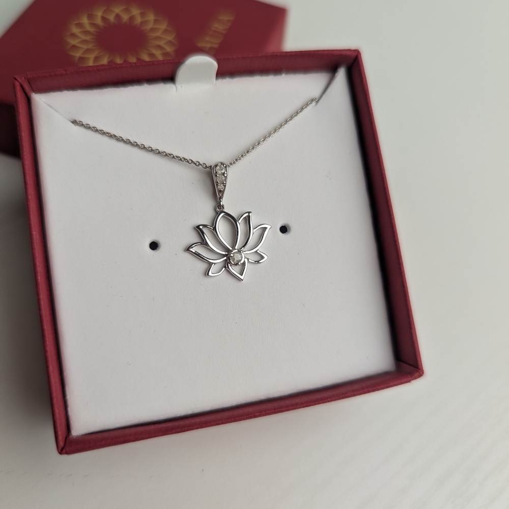 Sterling Silver Diamond Lotus Pendant Necklace - NWT